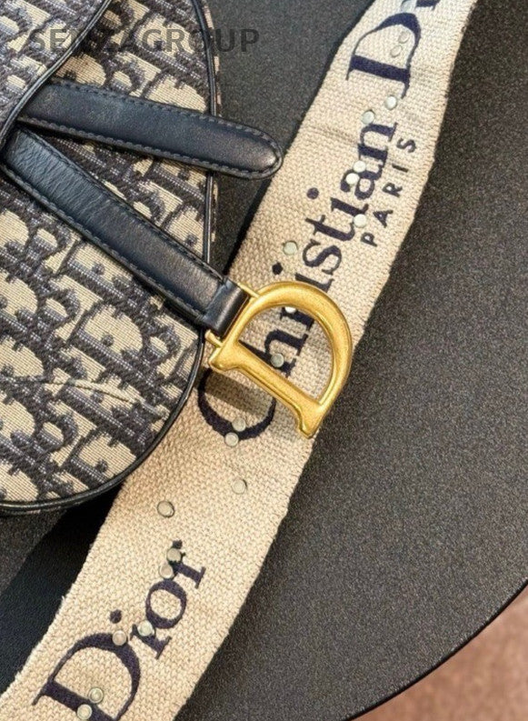 Christian Dior Oblique PM Monogram Saddle Shoulder Bag Blue Gold Women Classic