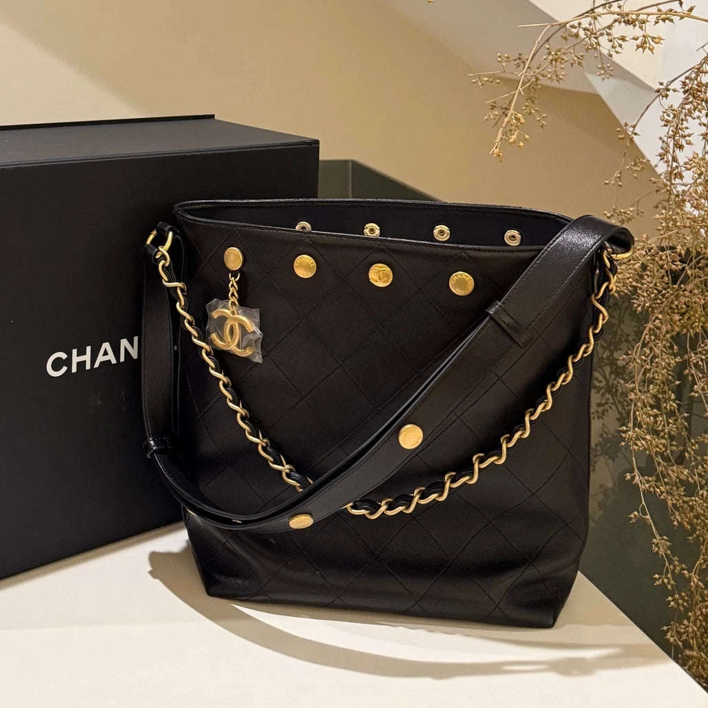 Chanel Coin Bucket Quilted Chain Shoulder Crossbody Bag Black Gold