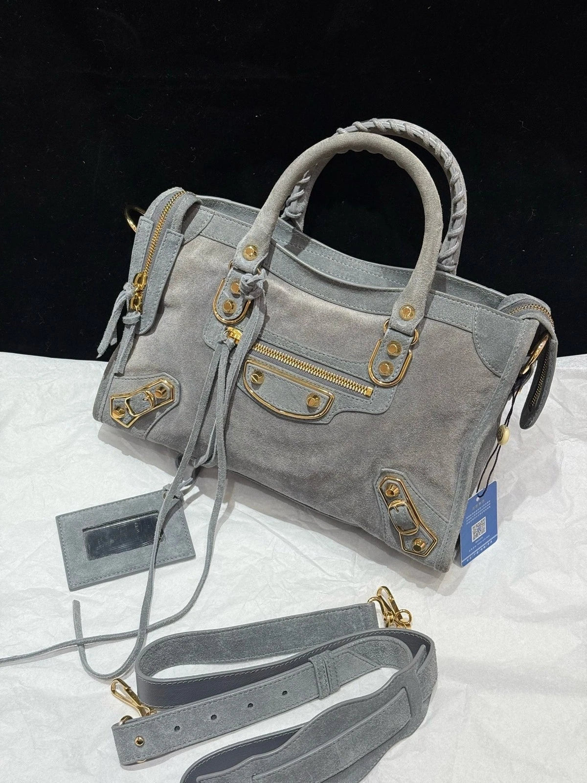 Balenciaga Le City Suede Top Handle Crossbody Gray Gold Women Classic