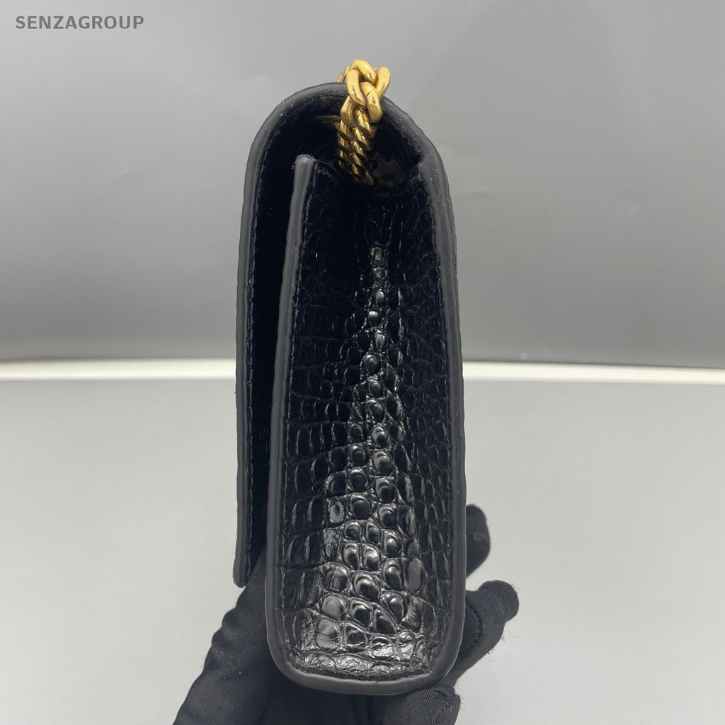 YSL Saint Laurent Kate PM Alligator pattern Chain Shoulder bag Black Gold Women