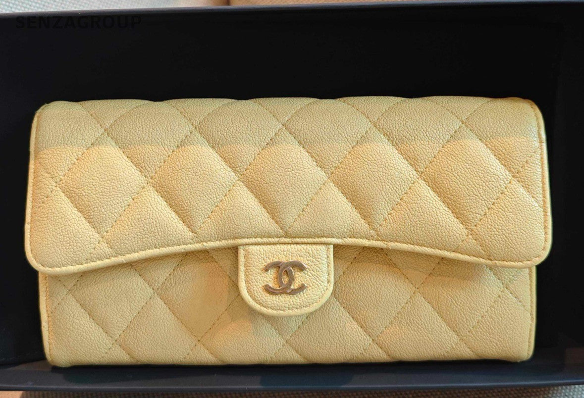 Chanel Diamon Long Wallet Clutch Yellow Used Women Classic Designer
