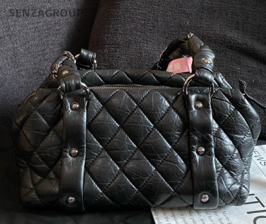 Chanel Diamond Bowling Top Handle Bag Black Silver Women Classic