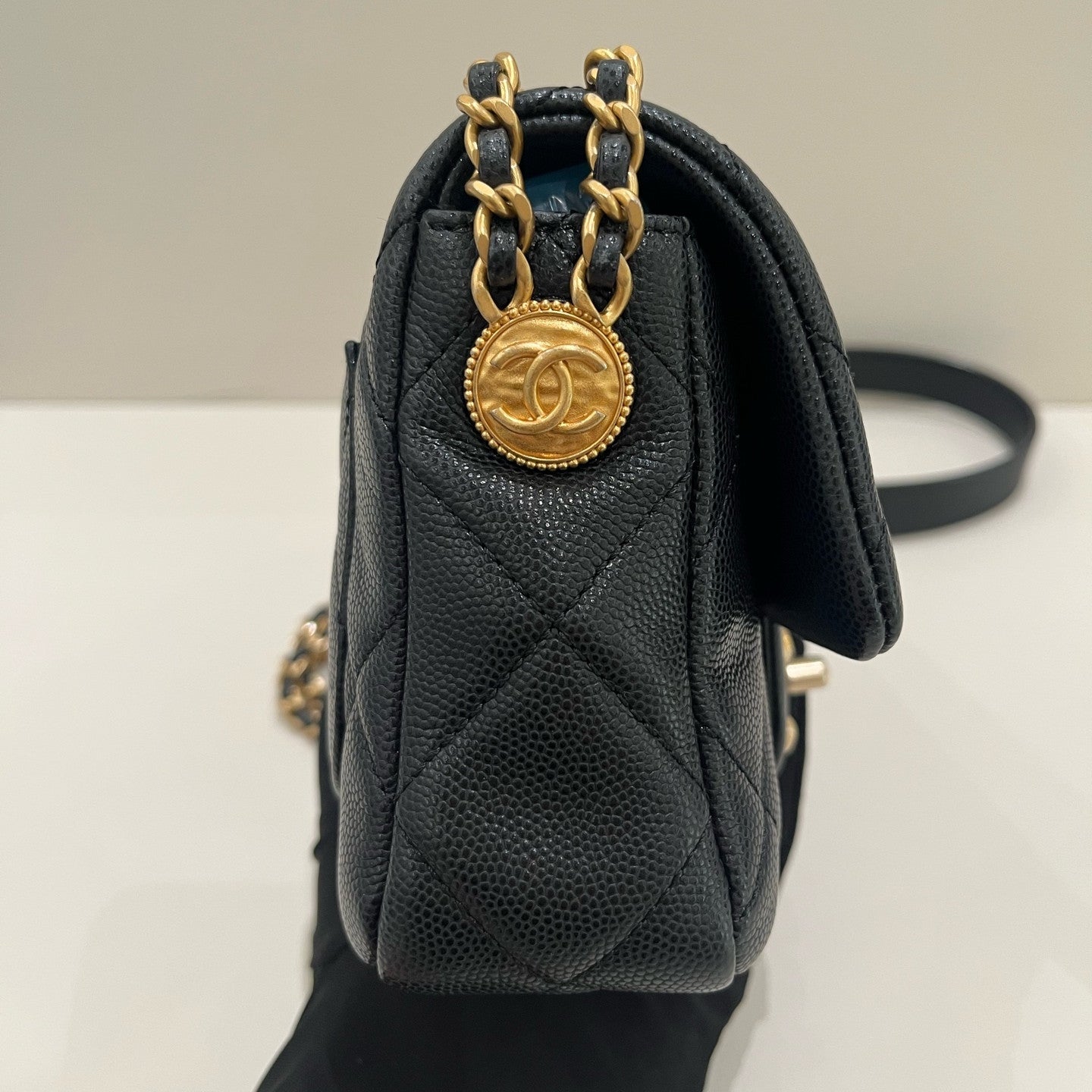 Chanel Classic Flap Quilted Gold Coin Chain Crossbody Bag Black Gold