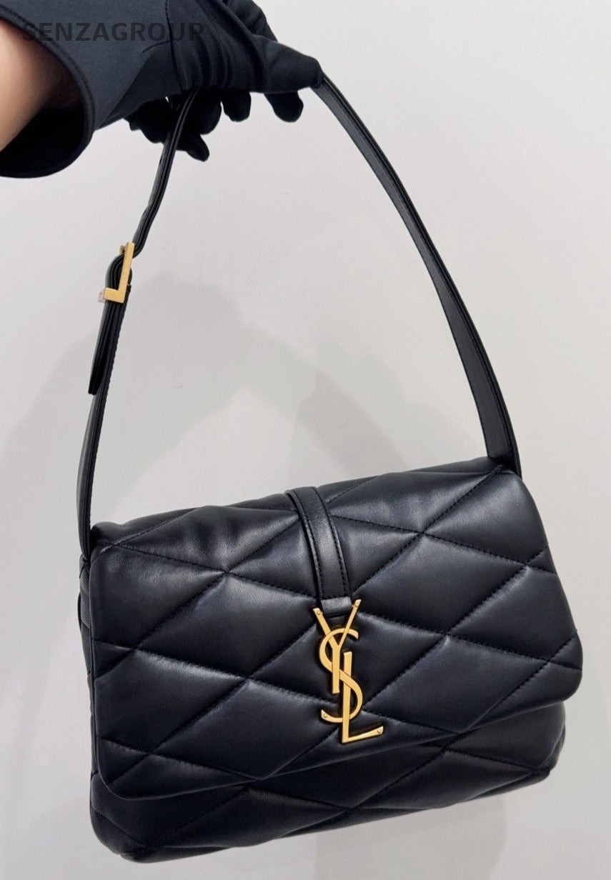 YSL Saint Laurent LE57 Hobo Lambskin Shoulder Handbag Black Gold Women