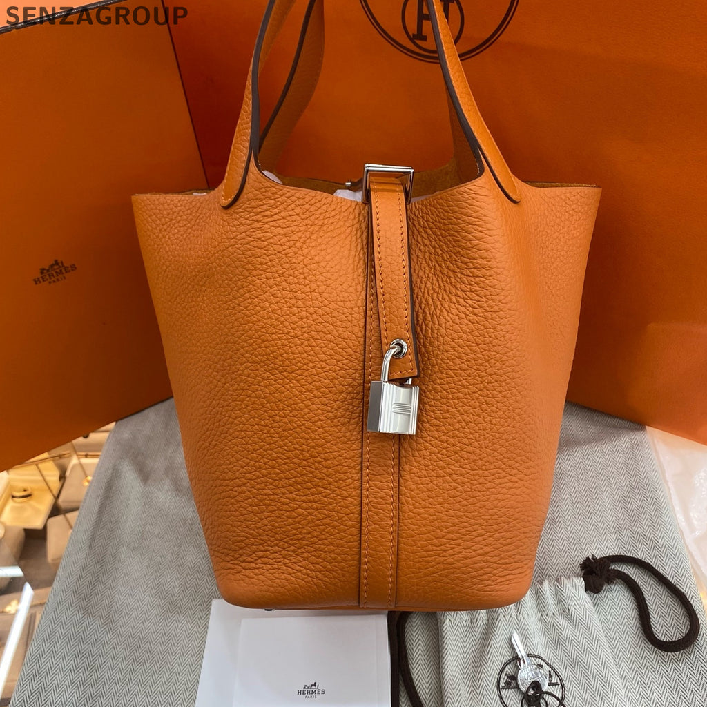 Hermès Picotin Lock Orange Silver Hardware Handbag Shoulder Bag