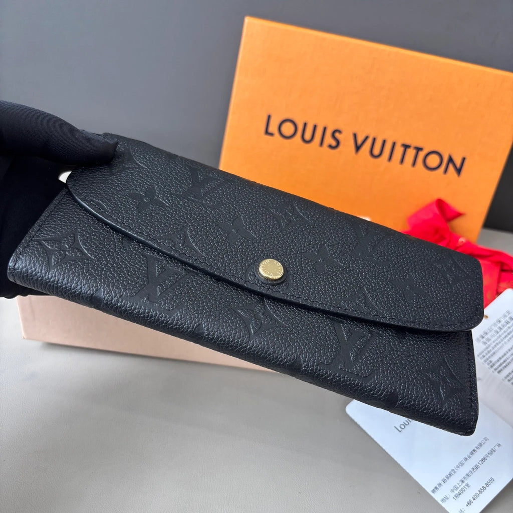 Excellent Louis Vuitton Emilie Wallet Calfskin Long Wallet Black Gold Hardware