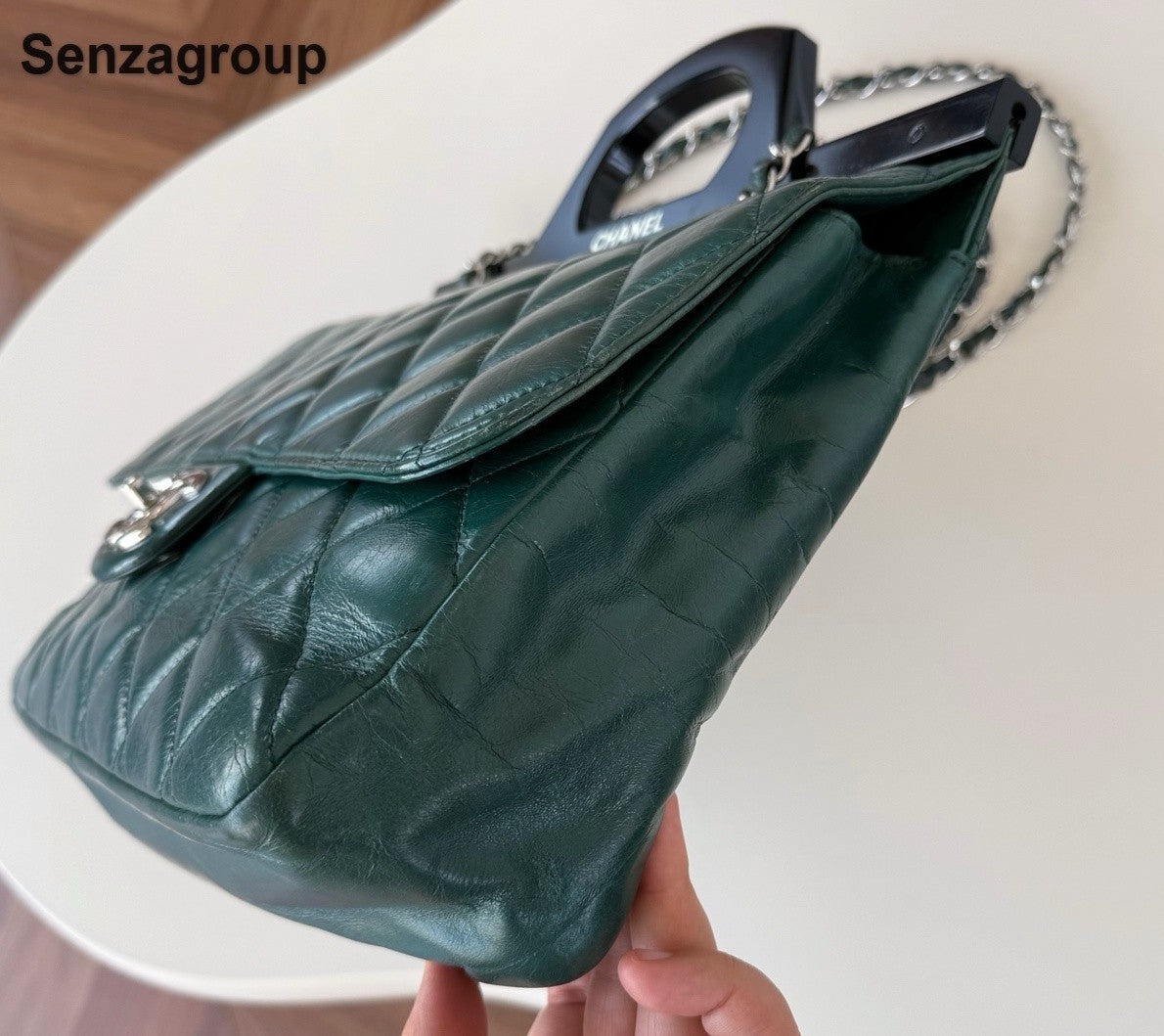 Chanel Diamond Chain Top Handle Shoulder Crossbody Green Silver Women Classic