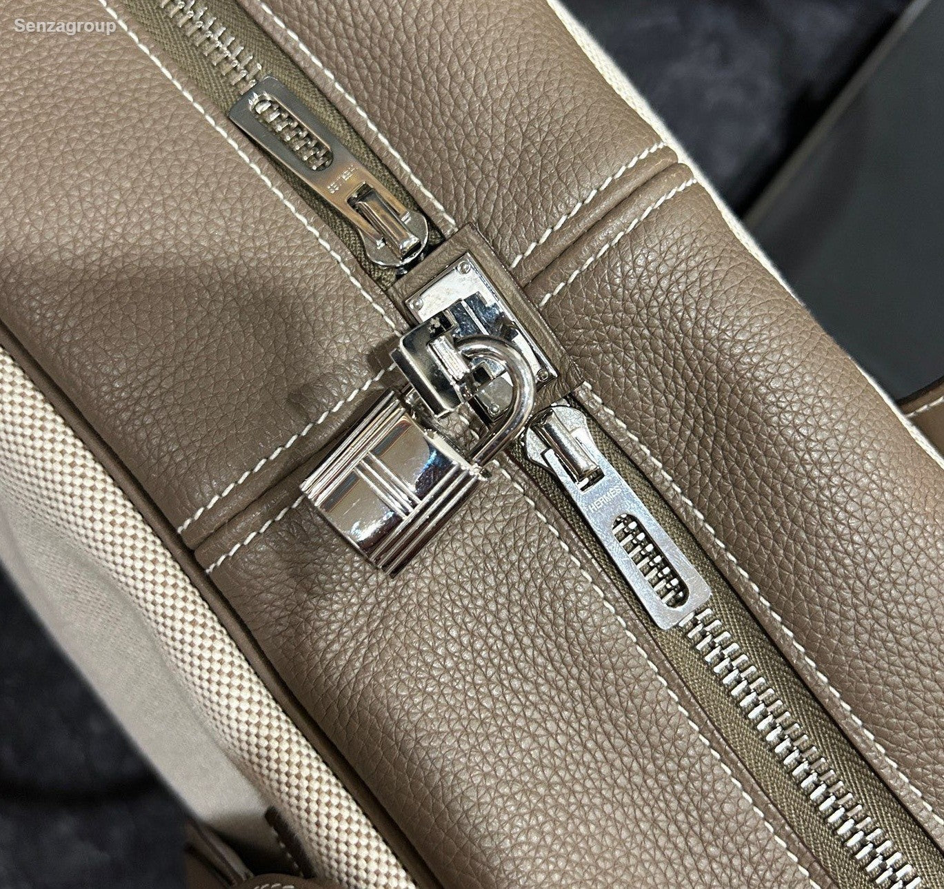 Hermes Victoria35 Top Handle Bag Canvas Beige Brown Silver Used Women Classic