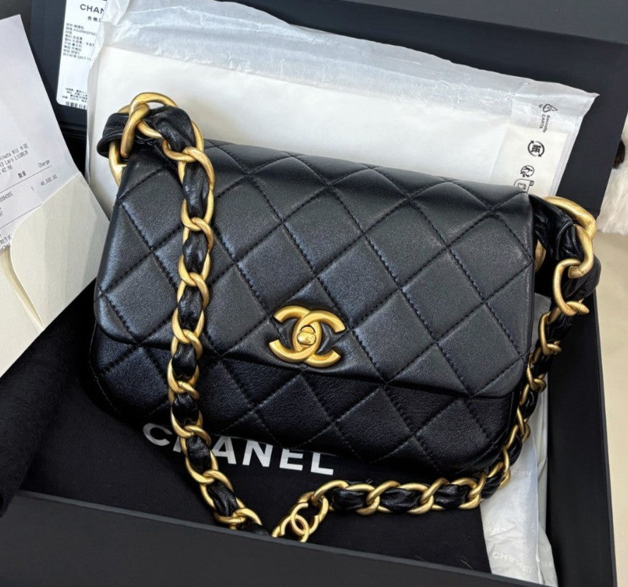 Chanel Diamond Lambskin Chain Shoulder Bag Black Gold Women Classic Fashion