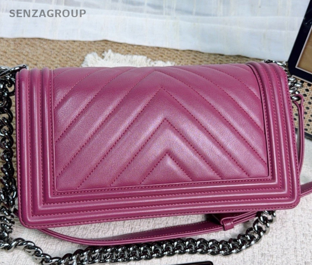 Chanel Leboy MM Chain Calfskin Shoulder Bag Crossbody Purple Women Chevron