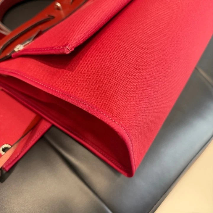 Hermes Herbag31 Canvas Top Handle Bag Crossbody Red Silver Women Classic D