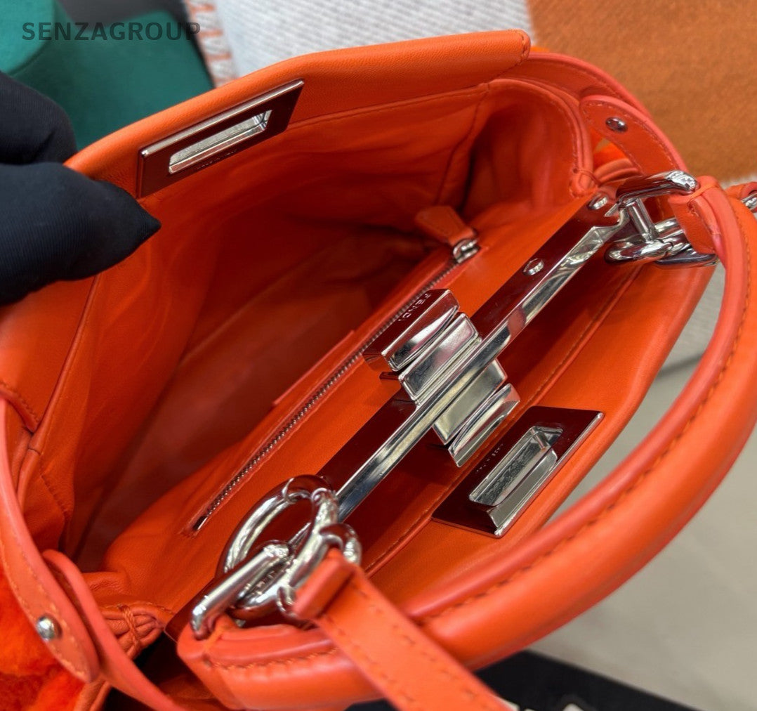 Fendi  Peekaboo PM Lambskin Top Handle Bag Crossbody Orange Silver Women