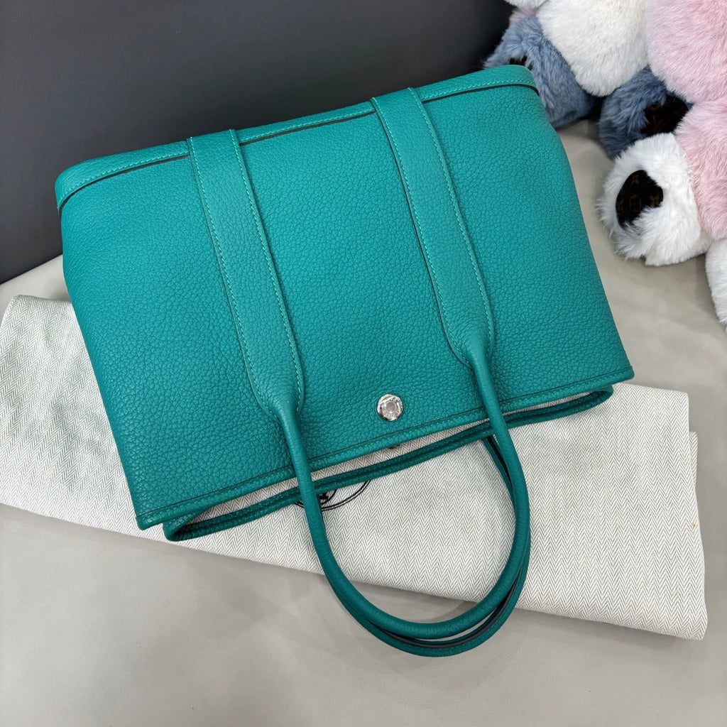 Hermes Garden Party30 Top Handle Bag Green Silver Women Classic