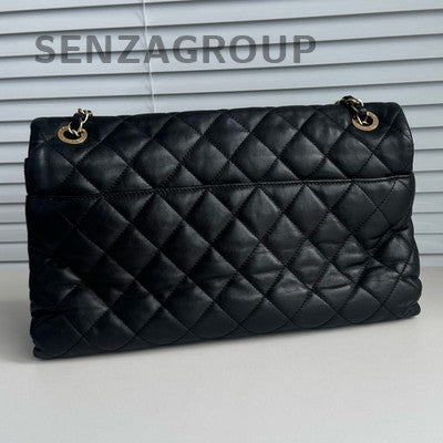 Chanel Black Gold Quilted Accordion Chain Shoulder Bag Classic Women