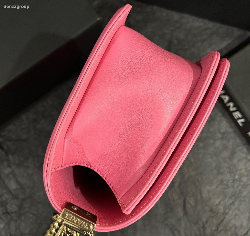 Chanel Leboy MM Calfskin Chain Shoulder Bag Crossbody Pink Gold Women Classic