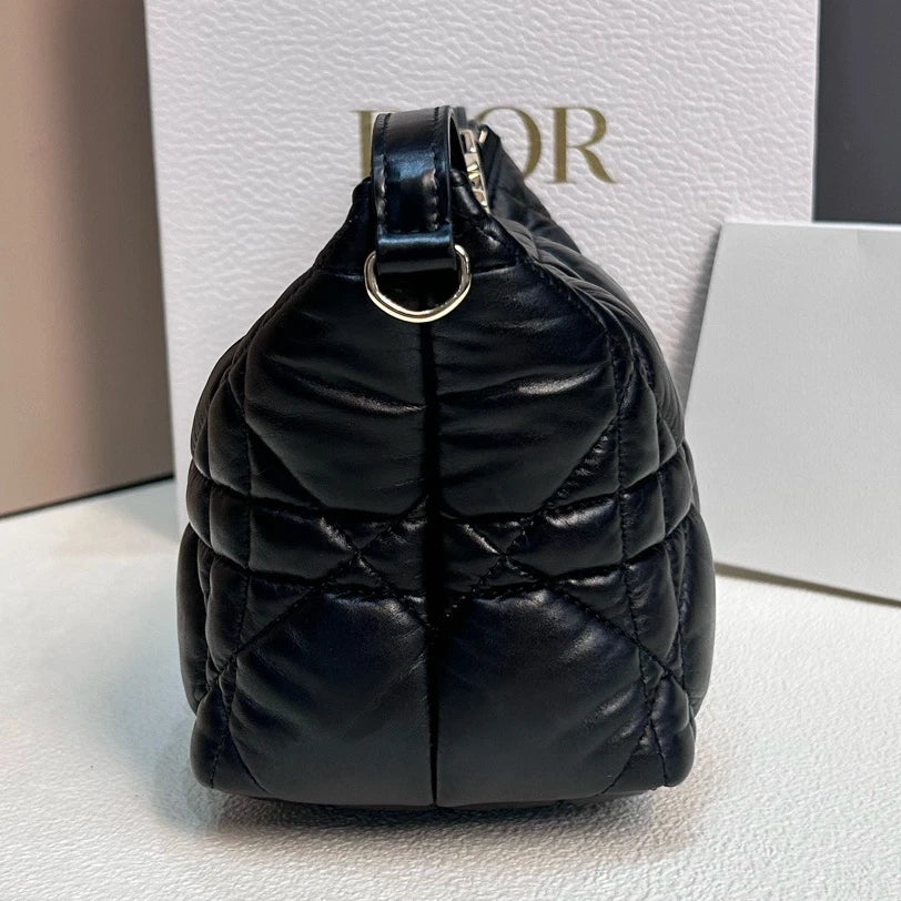 Excellent Christian Dior Travel Calfskin MM Hobo Black Handbag Shoulder Bag Gold