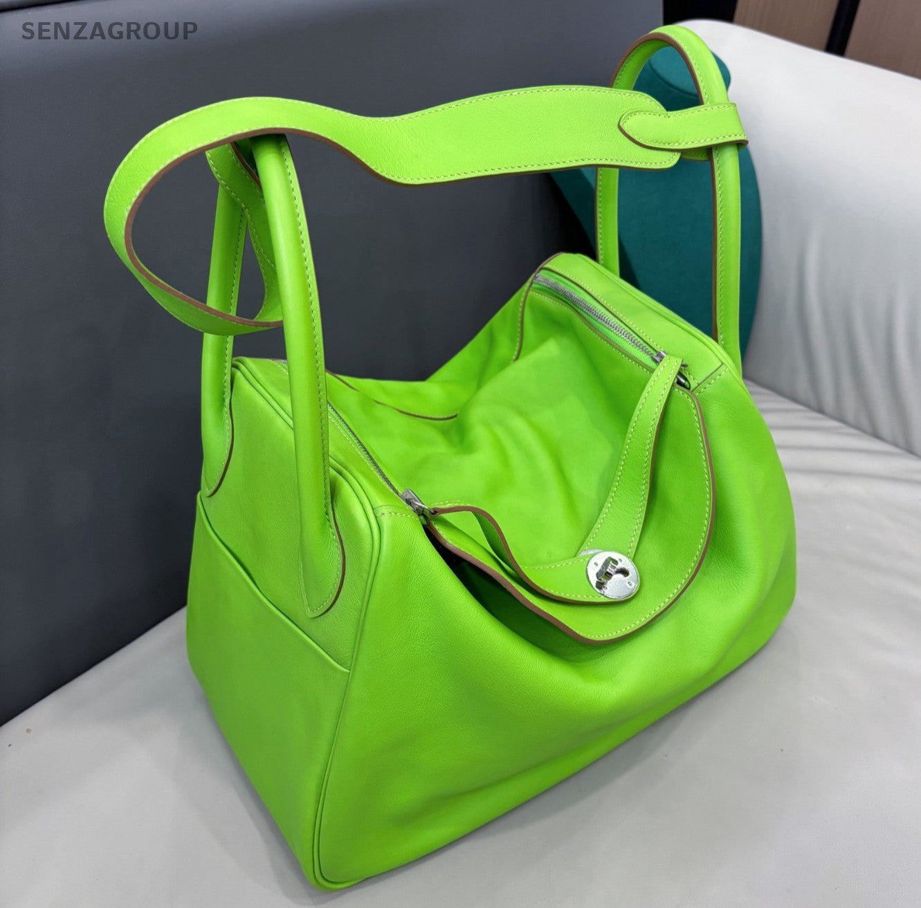Hermes Lindy34 Top Handle Bag Shoulder Bag Green Silver Used Women Classic