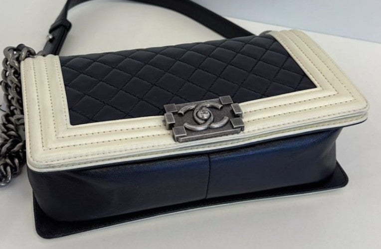 Chanel Leboy MM Lambskin Chain Shoulder Bag Black White Women Classic Diamond