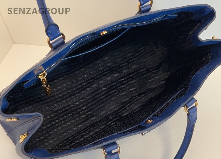 Prada Calfskin Top Handle Bag Blue Gold Used Women Classic Designer