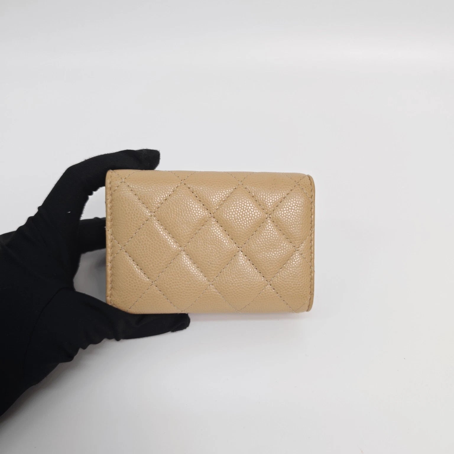 Authentic CHANEL Beige CF Gold Buckle Trifold Short Wallet Card holder For Women