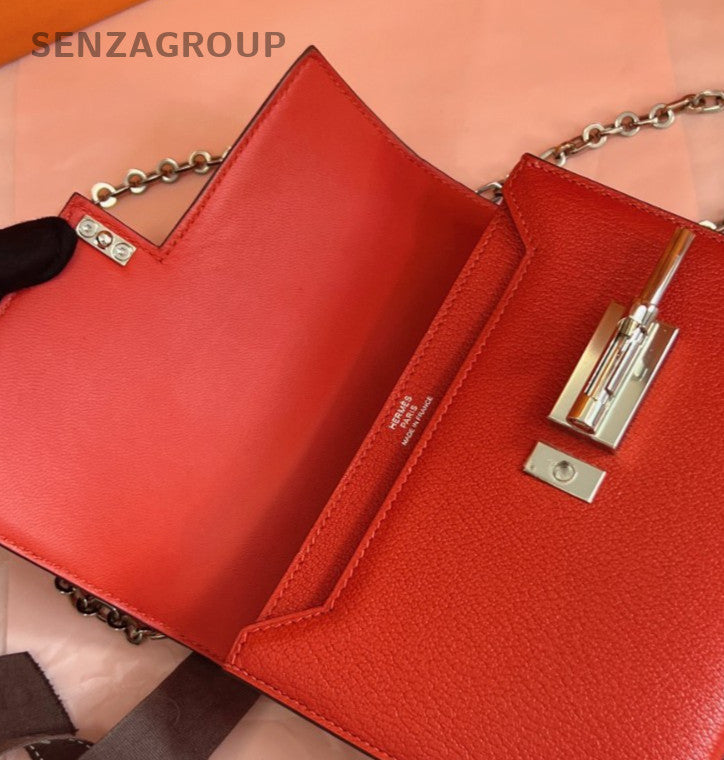 Hermes Verrou Mini Chain Shoulder Bag Crossbody Red Silver Women Classic