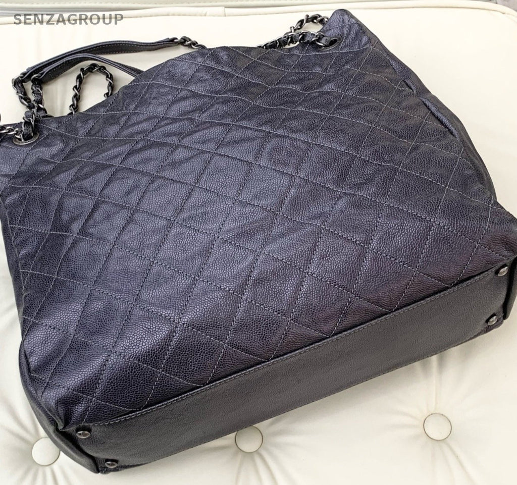 Chanel Diamond Calfskin Chain Tote Shoulder Bag Gray Silver Used Women Classic