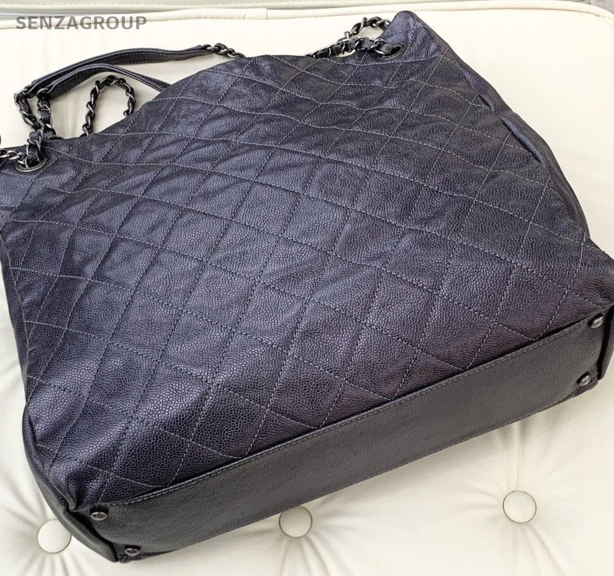 Chanel Diamond Calfskin Chain Tote Shoulder Bag Gray Silver Used Women Classic