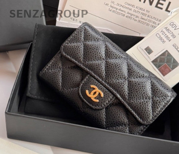 CHANEL Classic Flap Black gold litchi cowhide card case Coin purse women