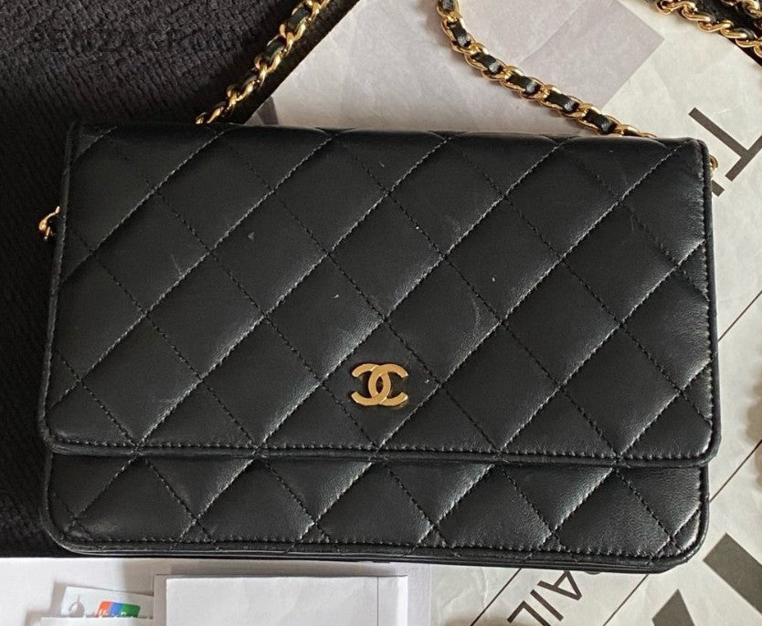 Chanel WOC Chain Shoulder Bag Crossbody Black Gold Women Classic Diamond