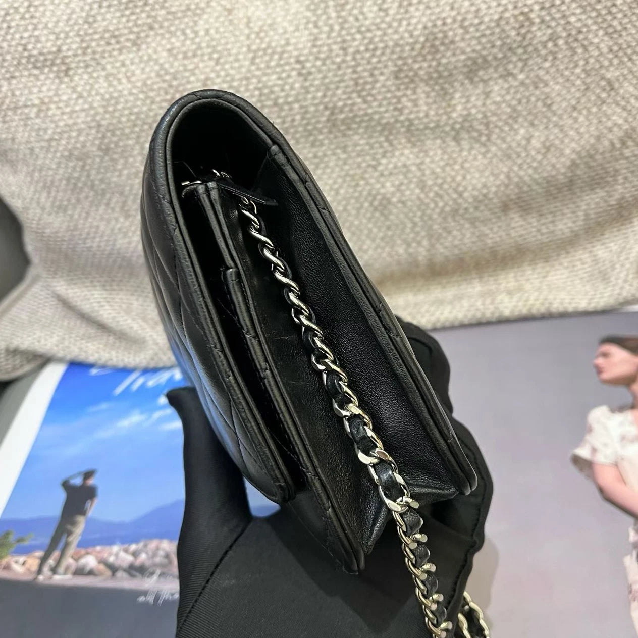 Chanel WOC Lambskin Chain Shoulder Bag Crossbody Diamond Black Silver Women