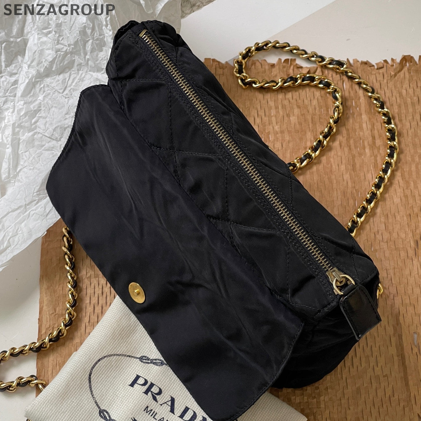 Prada Nylon Black Gold Chain Shoulder Crossbody Bag Classic Women