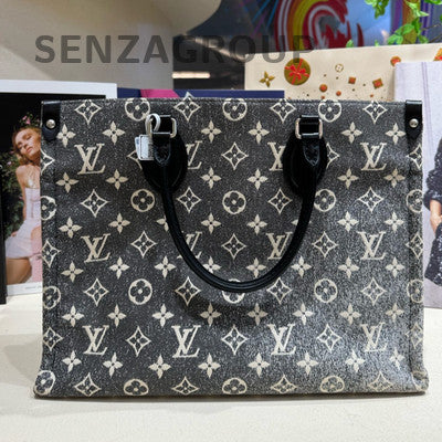 Louis Vuitton Onthego MM Denim Monogram Grey Tote Bag Women's Classic