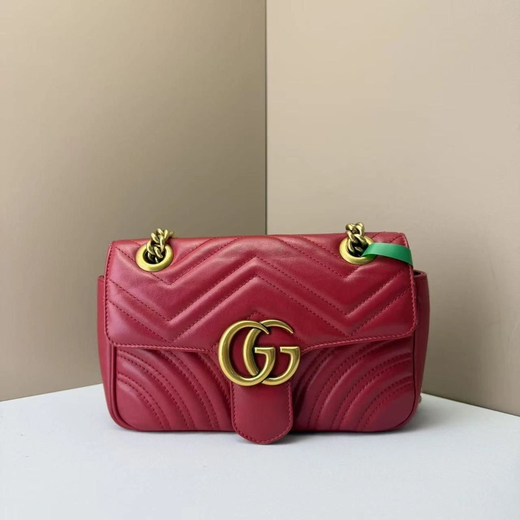 GUCCI Marmont22 Red Gold Chain Shoulder Bag For Women