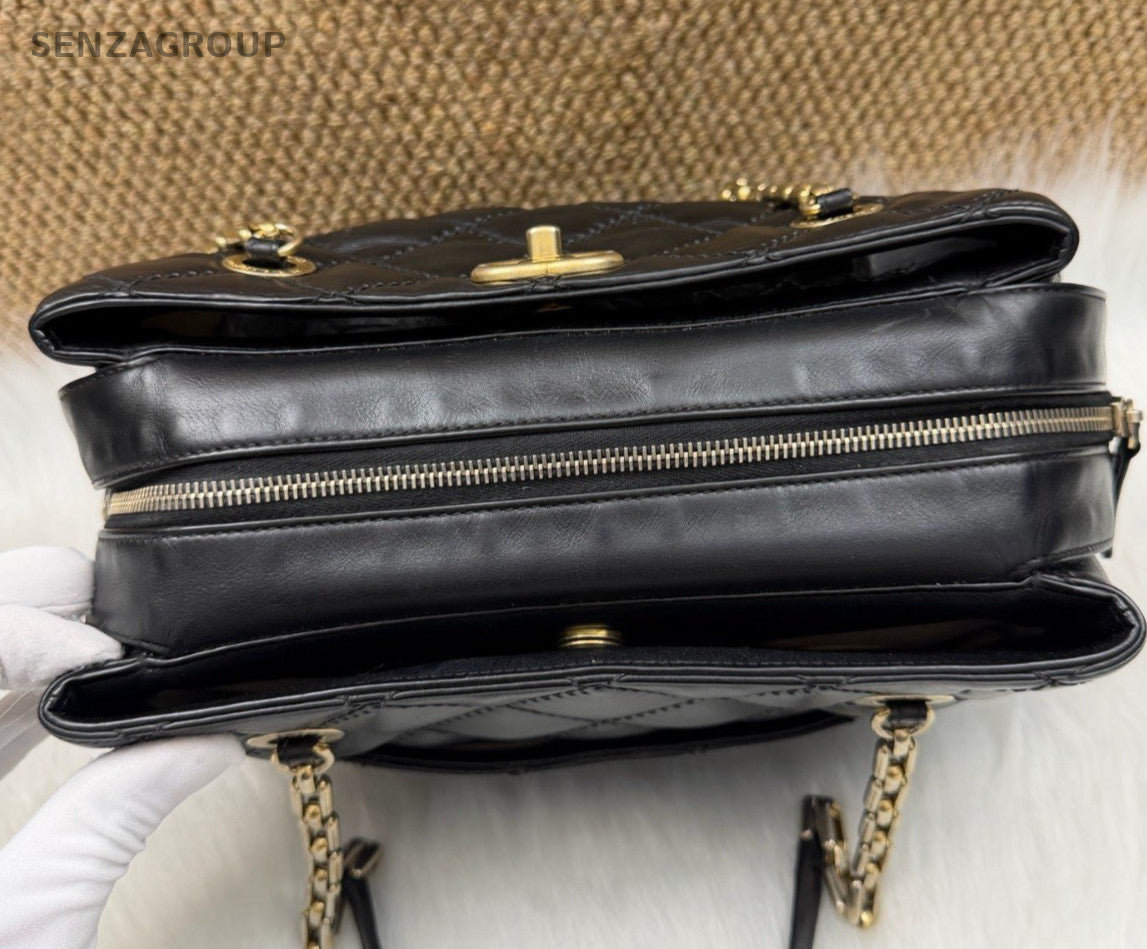 Chanel Diamond Chain Shoulder Bag Black Gold Used Women Vintage Classic