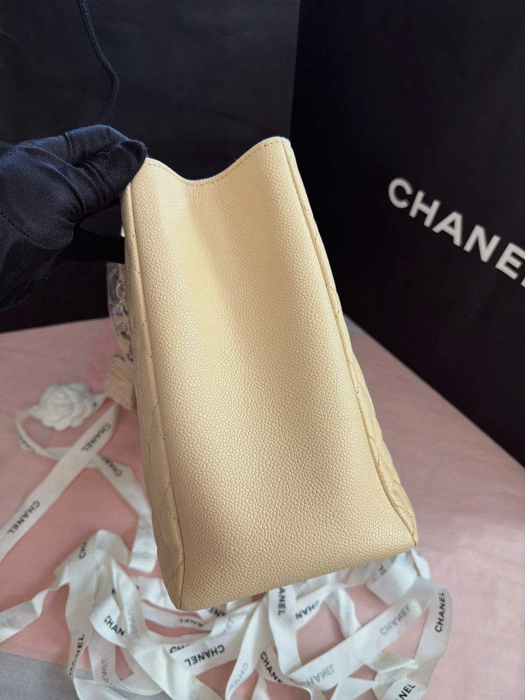 Chanel GST Diamond Chain Shoulder Bag Beige Silver Used Women Classic