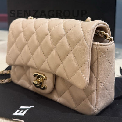 Chanel Classic Flap Mini Beige Quilted Chain Crossbody Bag Gold Hardware