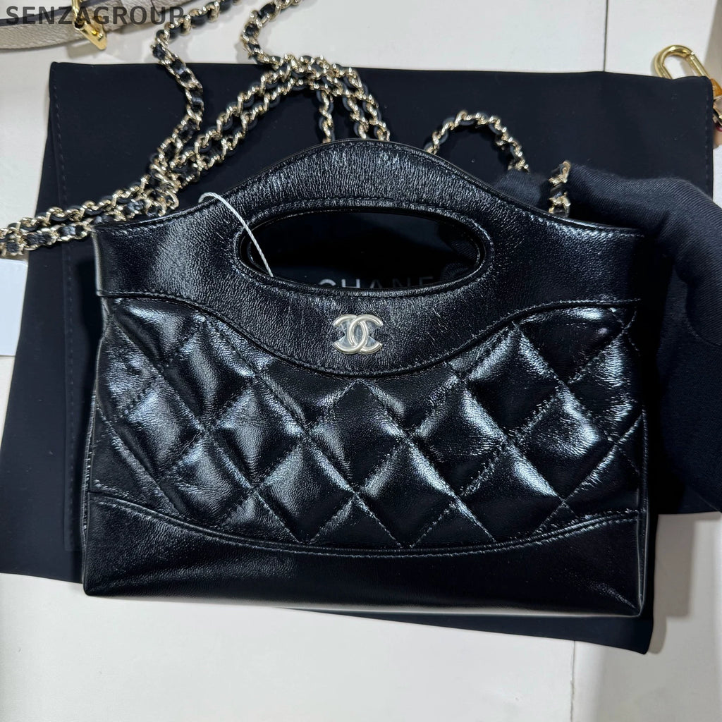 Authentic CHANEL 31 Nano Black Gold Lambskin Crossbody Bag For Women