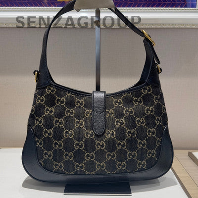 Gucci Jackie 1961 Canvas Monogram Shoulder Bag Black Gold Women's Fashion