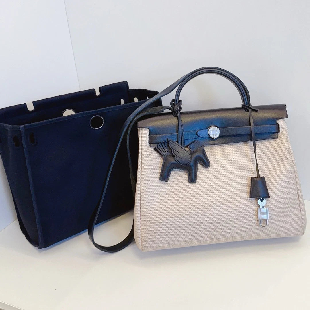 Hermes Herbag 31 Canvas Top Handle Shoulder Crossbody Bag White Black Women
