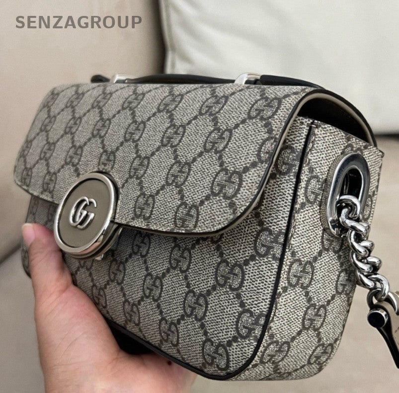 Gucci GG Supreme 2Way Shoulder Bag Crossbody Brown Silver Women Classic