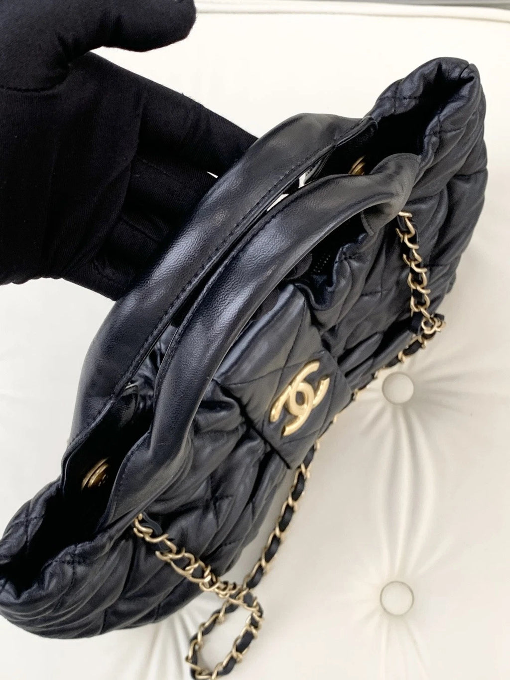 Chanel Lambskin MM 2Ways Top Handle Shoulder Bag Black Gold Hardware Women S