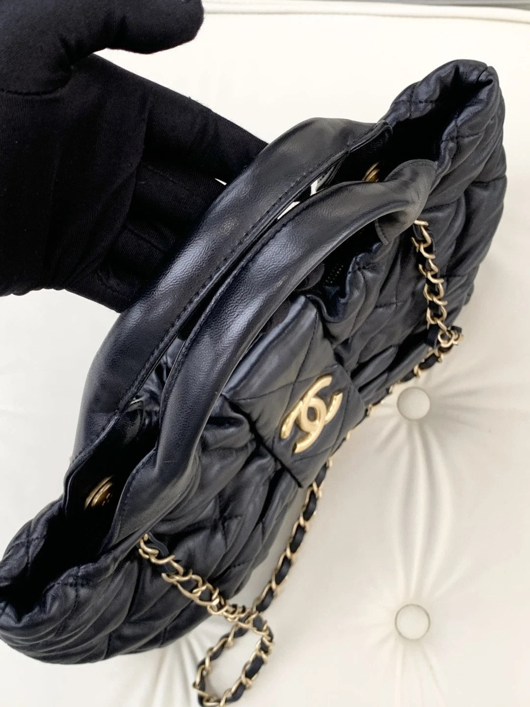 Chanel Lambskin MM 2Ways Top Handle Shoulder Bag Black Gold Hardware Women S