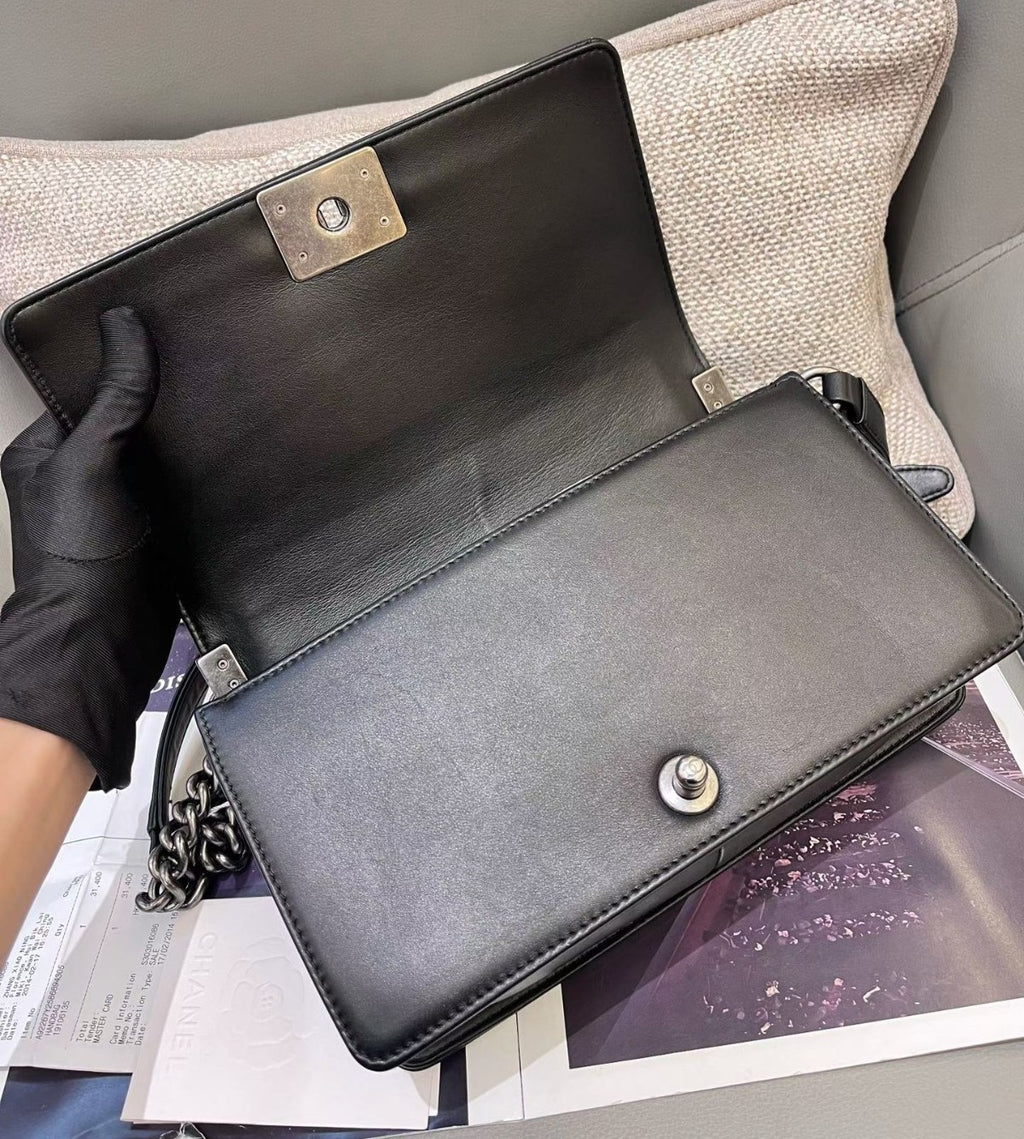 Chanel Leboy MM Chain Calfskin Black Silver Shoulder Bag Crossbody Women Classic