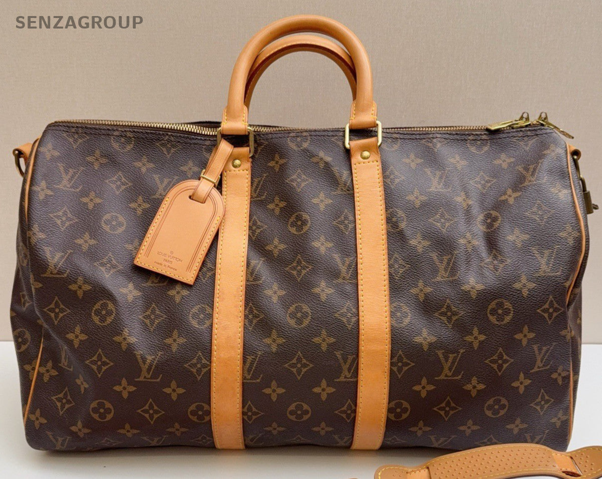 Louis Vuitton Keepall45 Monogram Top Handbag Crossbody Brown Gold Unisex Adults