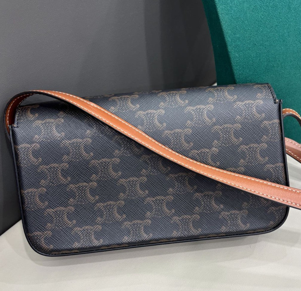 Celine Triomphe Canvas Shoulder Bag Black Brown Gold Women Classic Fashion