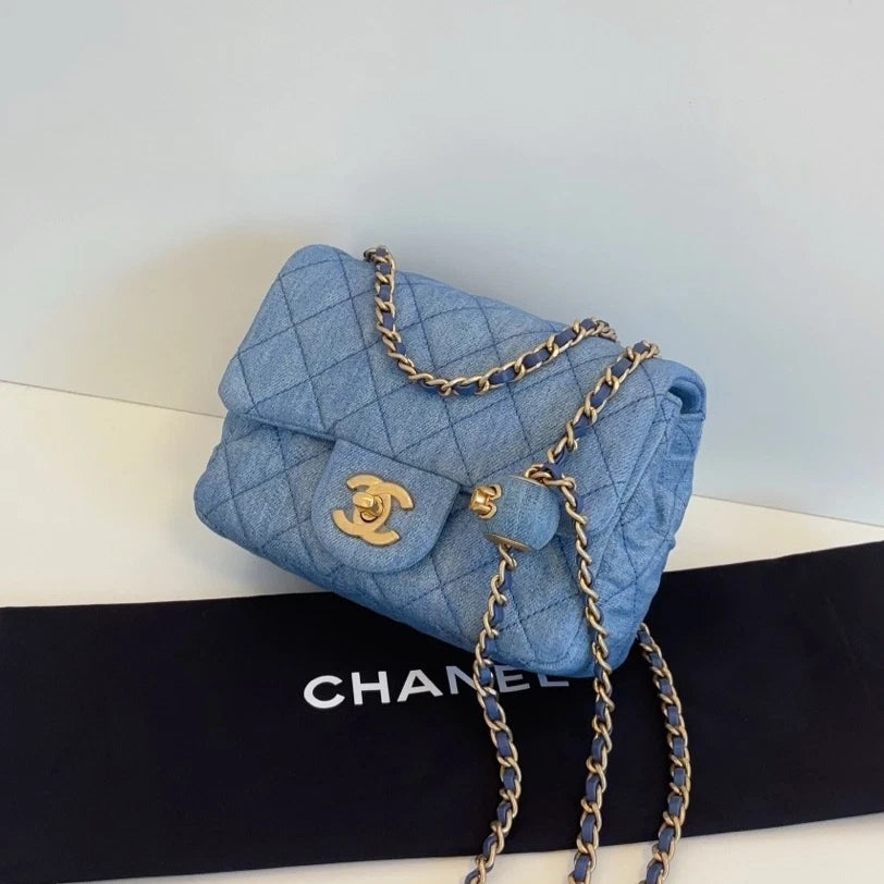 Chanel Classic Flap Denim Chain Shoulder Bag Crossbody Blue Gold Women Fashion