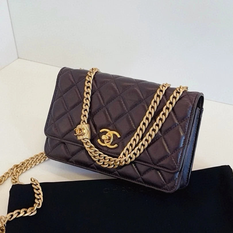 Chanel WOC Chain Shoulder Bag Crossbody Brown Gold Diamond Classic Women