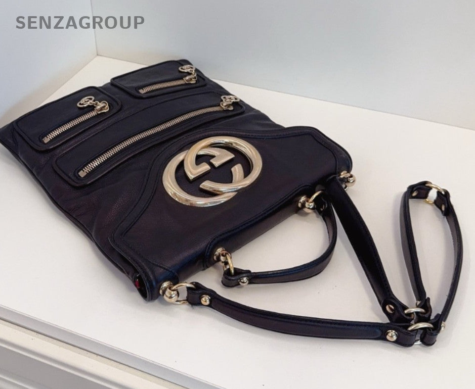GUCCI GG Logo Top Handle 2way Shoulder Handbag Black Gold Women