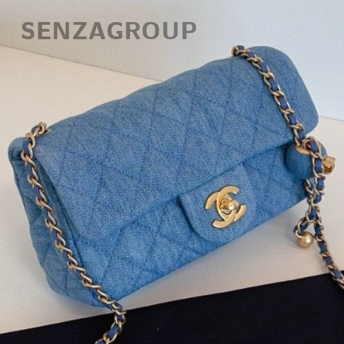 Chanel Classic Flap Mini Chain Shoulder Bag Crossbody Blue Gold Women Fashion