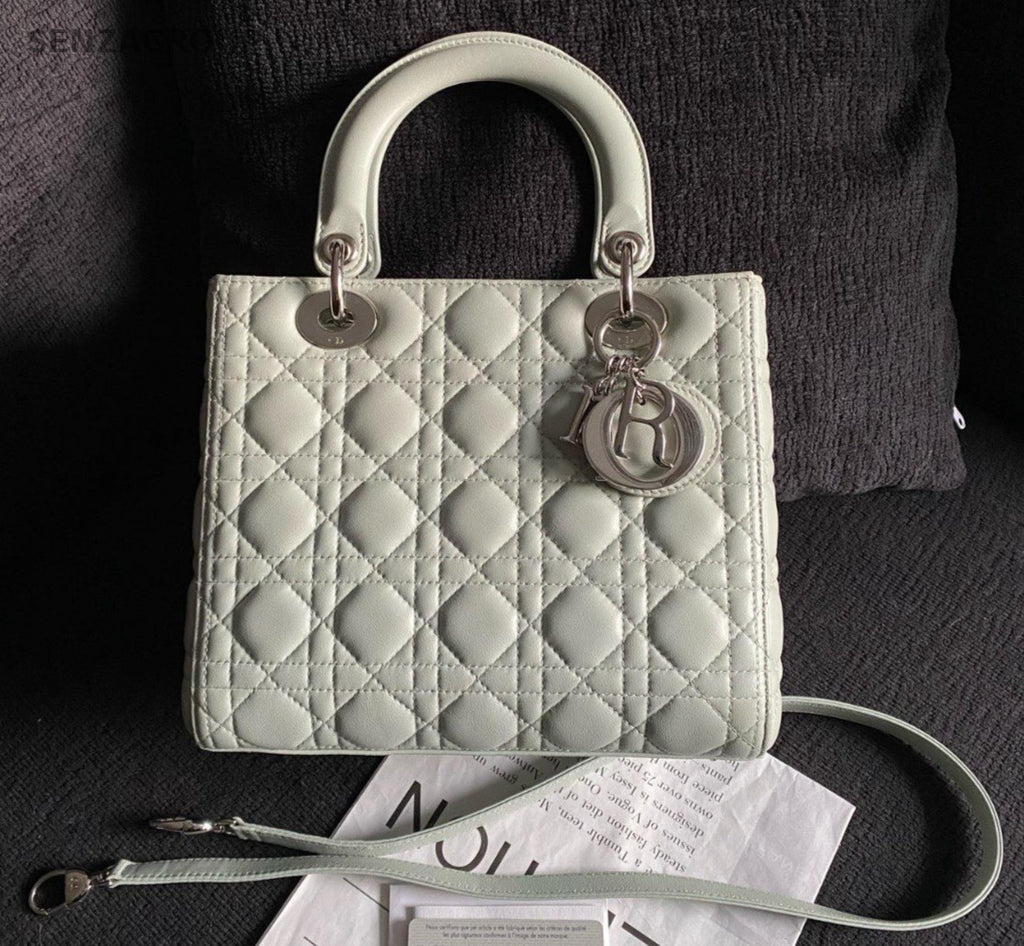 Christian Dior Lady Dior 2Way Top Handle Bag Crossbody Blue Silver Women Classic